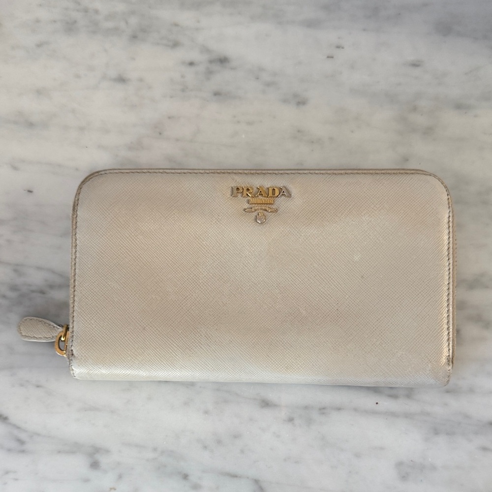 Prada Cream Leather Zip Wallet
